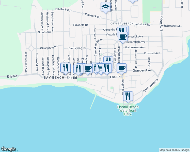 map of restaurants, bars, coffee shops, grocery stores, and more near 3998 Erie Road in Fort Erie