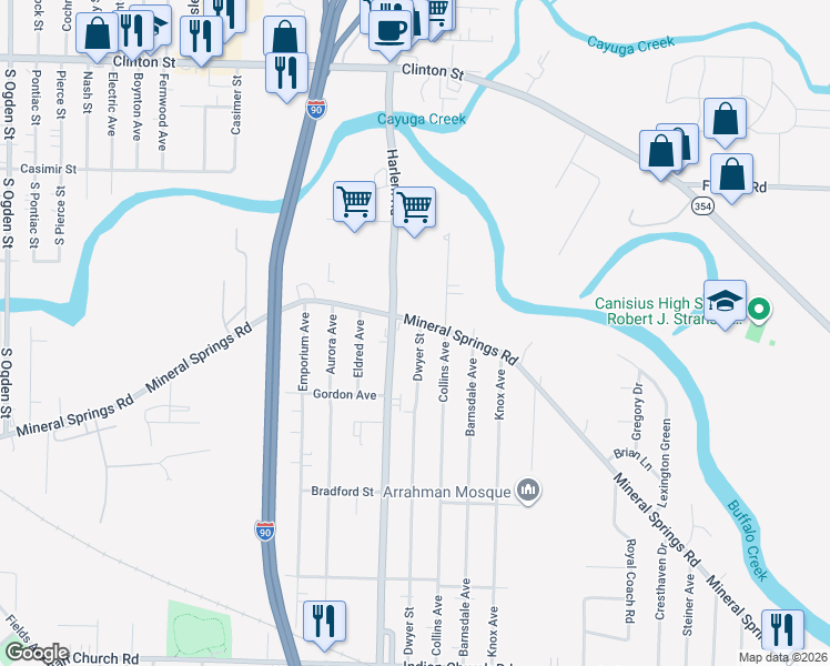 map of restaurants, bars, coffee shops, grocery stores, and more near 767 Mineral Springs Road in Buffalo