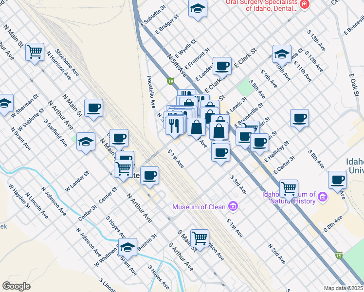 map of restaurants, bars, coffee shops, grocery stores, and more near 143 South 2nd Avenue in Pocatello