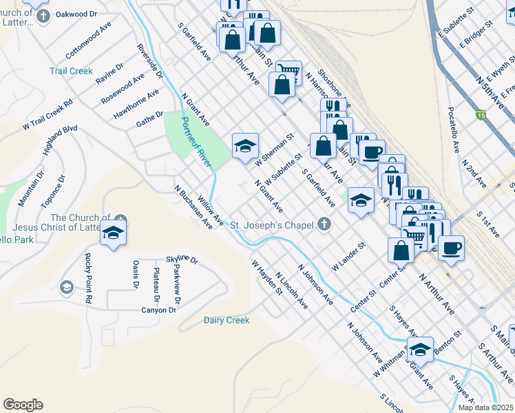 map of restaurants, bars, coffee shops, grocery stores, and more near 740 North Johnson Avenue in Pocatello