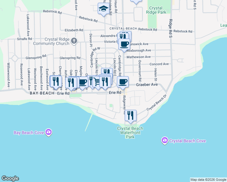 map of restaurants, bars, coffee shops, grocery stores, and more near 3908 Erie Road in Fort Erie