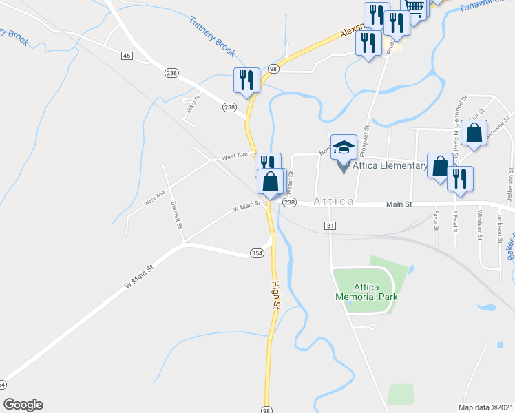 map of restaurants, bars, coffee shops, grocery stores, and more near 15 West Main Street in Attica