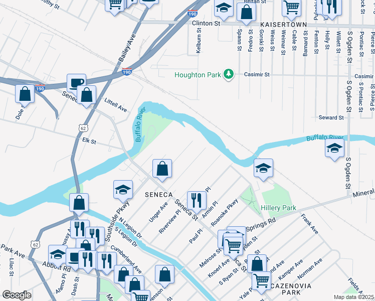 map of restaurants, bars, coffee shops, grocery stores, and more near 99 Avondale Place in Buffalo