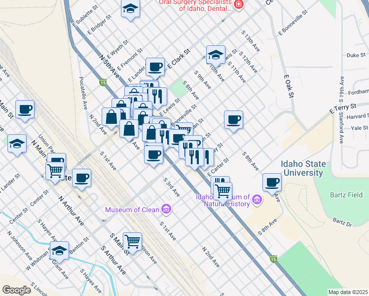map of restaurants, bars, coffee shops, grocery stores, and more near 466 South 5th Avenue in Pocatello