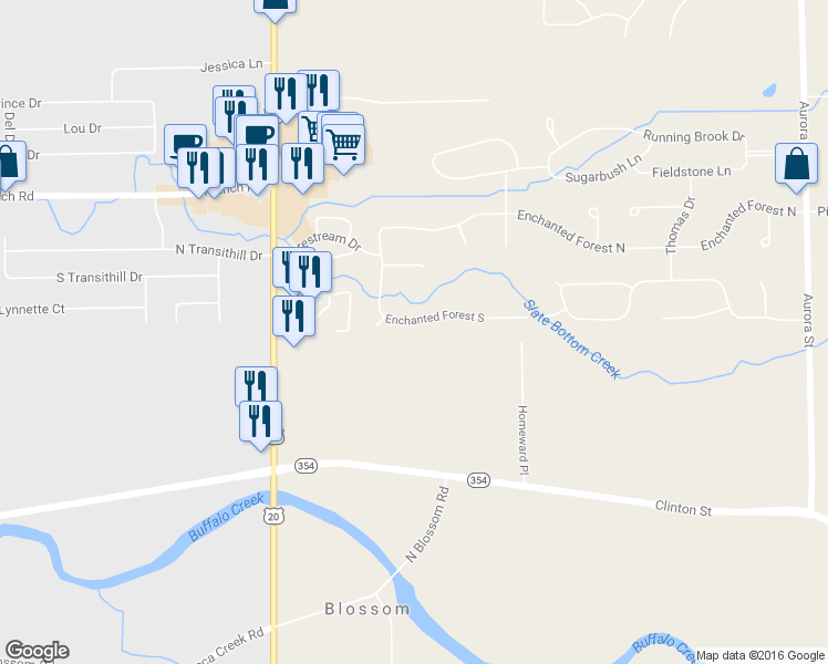 map of restaurants, bars, coffee shops, grocery stores, and more near 186 Enchanted Forest South in Depew