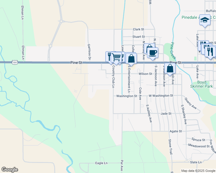 map of restaurants, bars, coffee shops, grocery stores, and more near 1307 Clubhouse Road in Pinedale