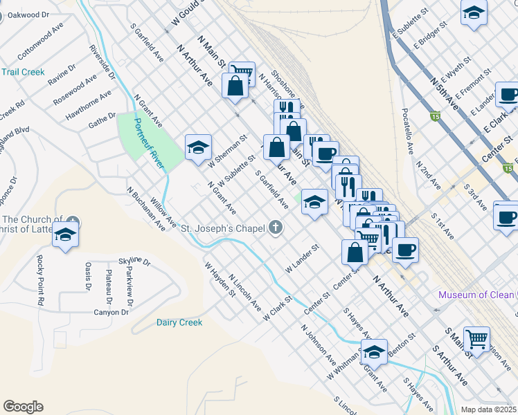 map of restaurants, bars, coffee shops, grocery stores, and more near 606 North Hayes Avenue in Pocatello