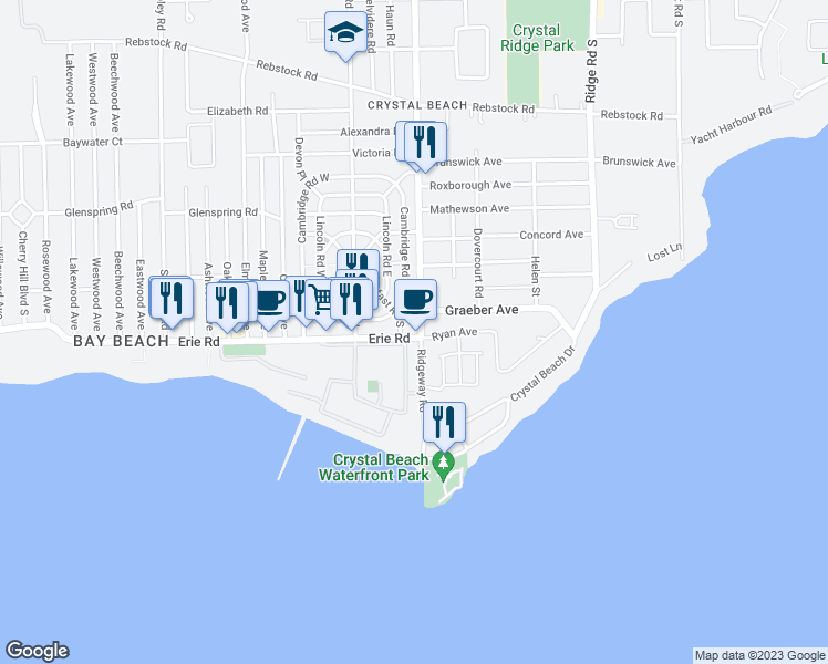 map of restaurants, bars, coffee shops, grocery stores, and more near 3878 Erie Road in Fort Erie
