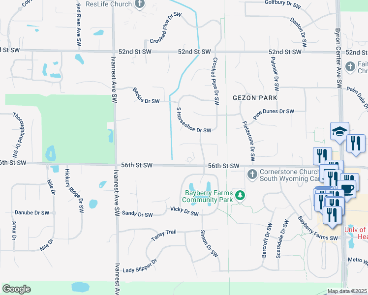map of restaurants, bars, coffee shops, grocery stores, and more near 2956 Florence Drive Southwest in Wyoming