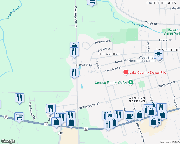 map of restaurants, bars, coffee shops, grocery stores, and more near 129 Sheridan Park in Geneva