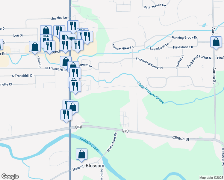 map of restaurants, bars, coffee shops, grocery stores, and more near 186 Enchanted Forest South in Depew