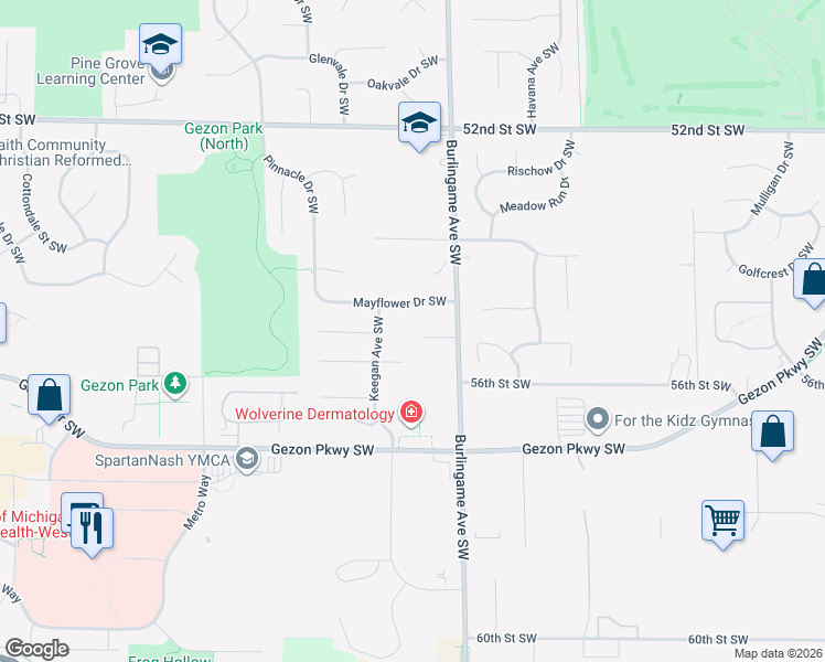 map of restaurants, bars, coffee shops, grocery stores, and more near 1683 Lona Court Southwest in Grand Rapids