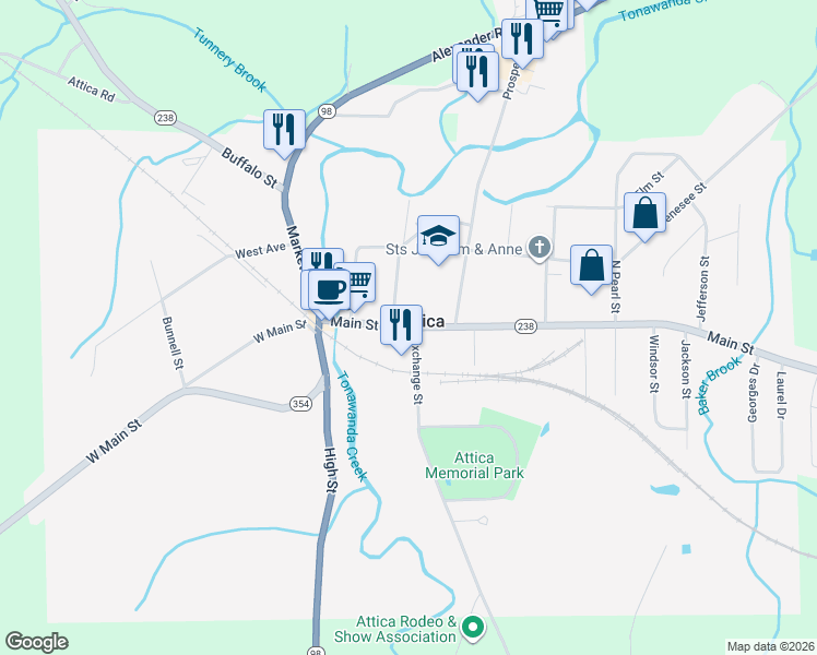 map of restaurants, bars, coffee shops, grocery stores, and more near 76 Main Street in Attica
