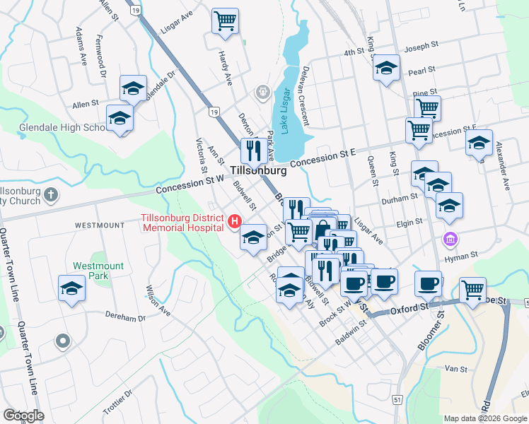 map of restaurants, bars, coffee shops, grocery stores, and more near 160 Bidwell Street in Tillsonburg