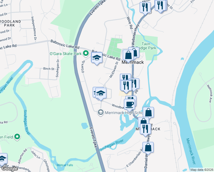 map of restaurants, bars, coffee shops, grocery stores, and more near 2 Hadley Road in Merrimack