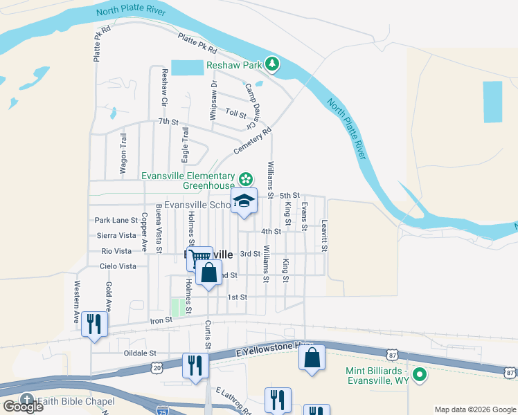 map of restaurants, bars, coffee shops, grocery stores, and more near 467 Texas Street in Evansville