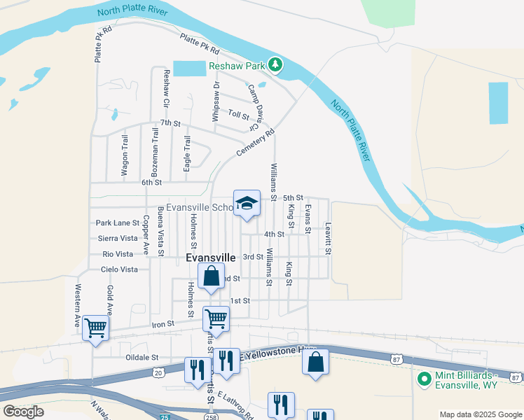 map of restaurants, bars, coffee shops, grocery stores, and more near 467 Texas Street in Evansville