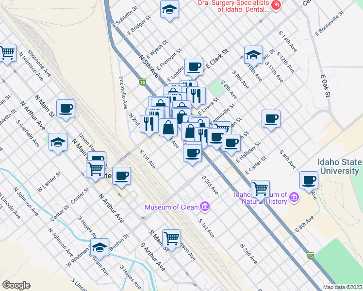 map of restaurants, bars, coffee shops, grocery stores, and more near 410 East Bonneville Street in Pocatello