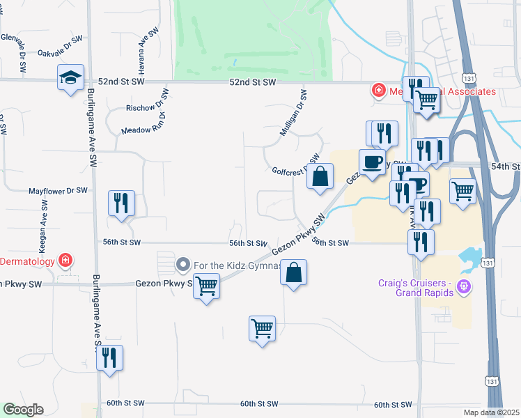 map of restaurants, bars, coffee shops, grocery stores, and more near 5518 Sahalee Drive Southwest in Wyoming