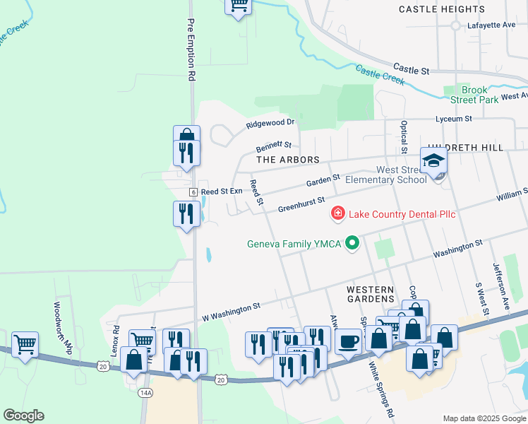map of restaurants, bars, coffee shops, grocery stores, and more near 15 Reed Street in Geneva
