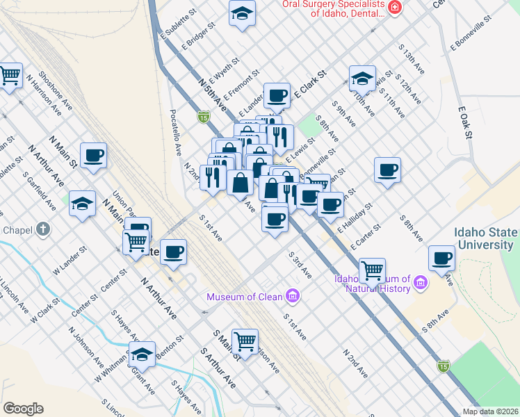 map of restaurants, bars, coffee shops, grocery stores, and more near 301 South 4th Avenue in Pocatello