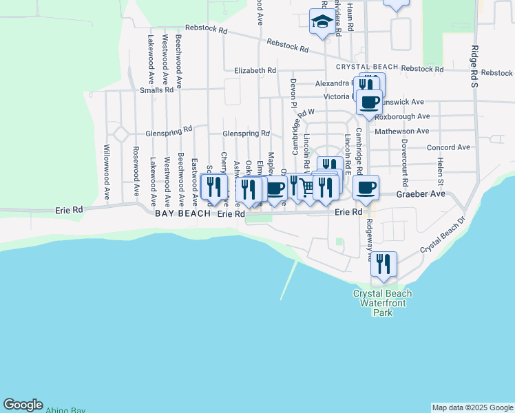 map of restaurants, bars, coffee shops, grocery stores, and more near 413 Elmwood Avenue in Fort Erie