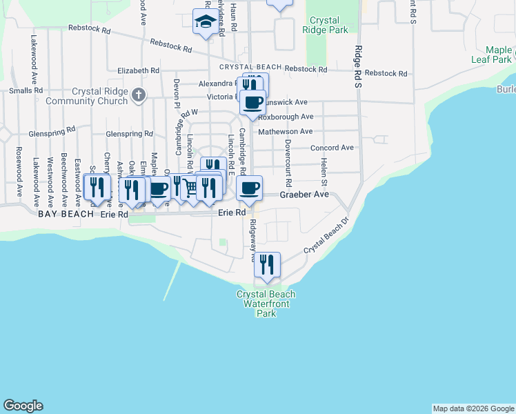 map of restaurants, bars, coffee shops, grocery stores, and more near 412 Ridgeway Road in Fort Erie
