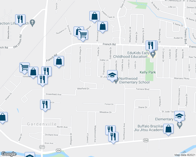 map of restaurants, bars, coffee shops, grocery stores, and more near 81 Saint Joan Lane in Buffalo