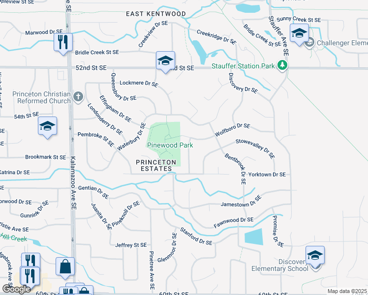 map of restaurants, bars, coffee shops, grocery stores, and more near 5481 Brattleboro Drive Southeast in Kentwood