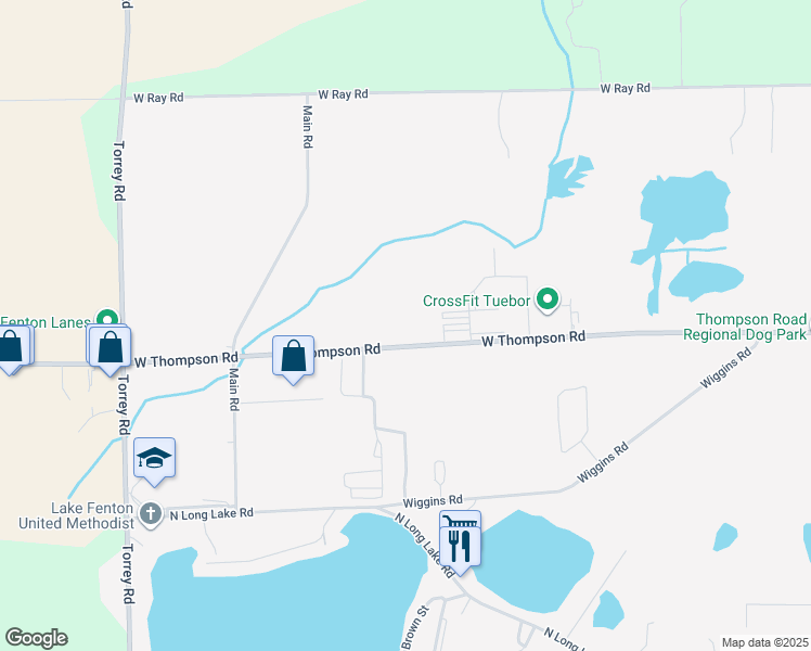 map of restaurants, bars, coffee shops, grocery stores, and more near 2084 West Thompson Road in Fenton