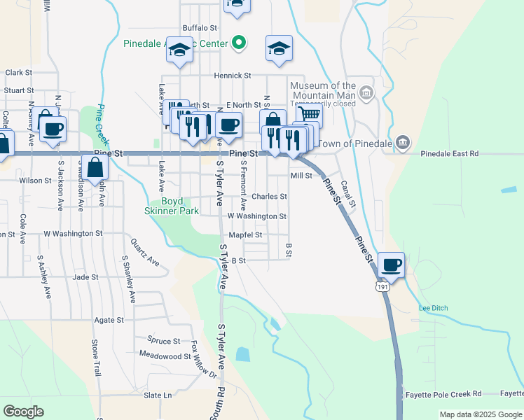 map of restaurants, bars, coffee shops, grocery stores, and more near 236 South Sublette Avenue in Pinedale