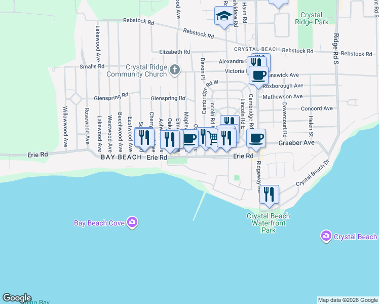 map of restaurants, bars, coffee shops, grocery stores, and more near 414 Maplewood Avenue in Fort Erie