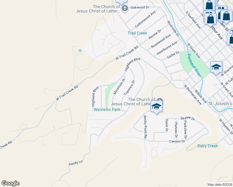 map of restaurants, bars, coffee shops, grocery stores, and more near 74 Mountain Drive in Pocatello