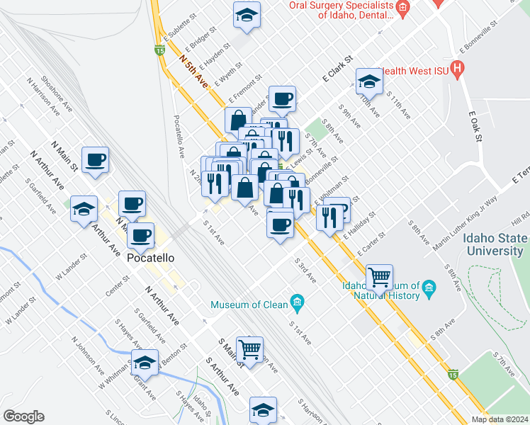 map of restaurants, bars, coffee shops, grocery stores, and more near 301 South 4th Avenue in Pocatello