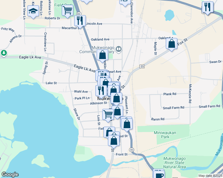 map of restaurants, bars, coffee shops, grocery stores, and more near 212 North Rochester Street in Mukwonago