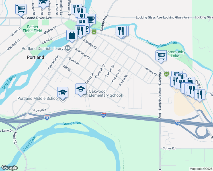 map of restaurants, bars, coffee shops, grocery stores, and more near 425 South Grant Street in Portland