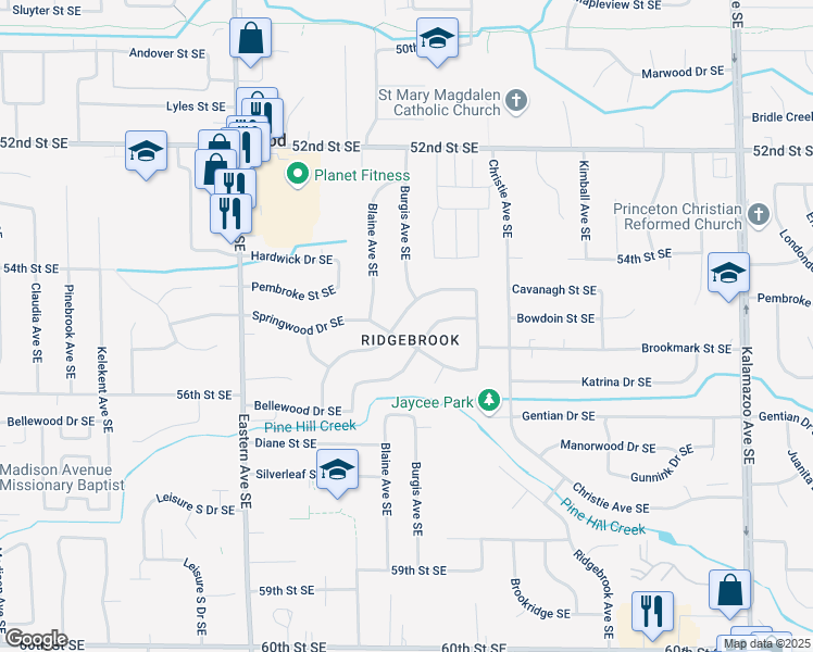 map of restaurants, bars, coffee shops, grocery stores, and more near 5489 Greenboro Drive Southeast in Kentwood