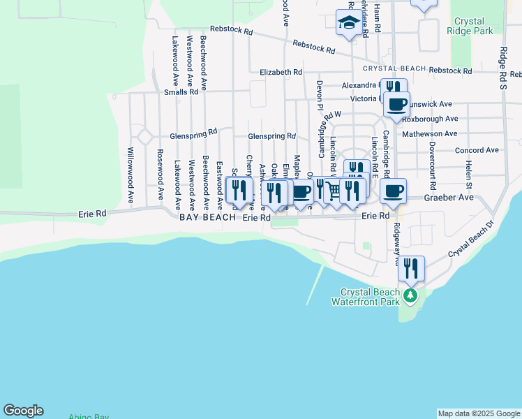 map of restaurants, bars, coffee shops, grocery stores, and more near 411 Ashwood Avenue in Fort Erie