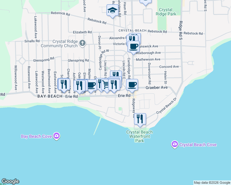 map of restaurants, bars, coffee shops, grocery stores, and more near 416 Derby Road in Fort Erie