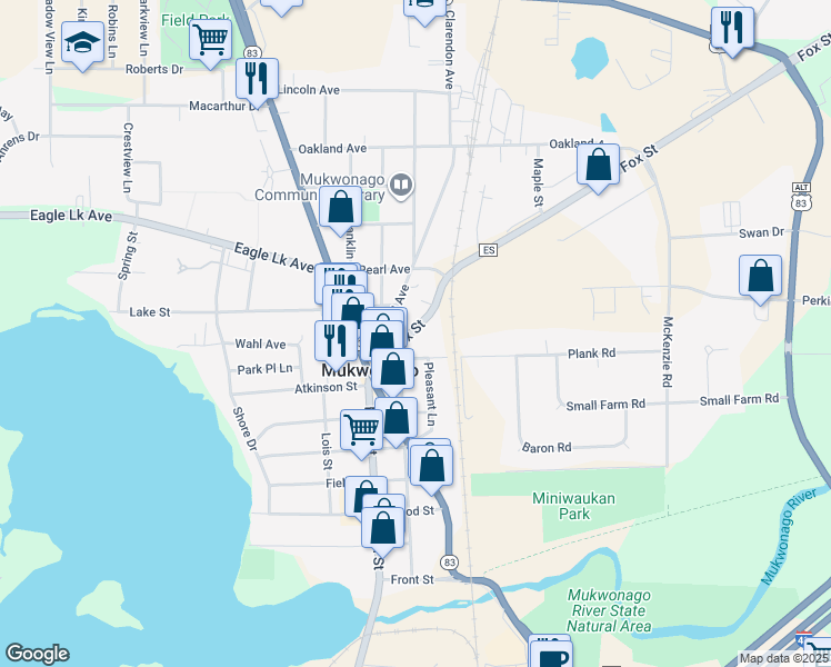 map of restaurants, bars, coffee shops, grocery stores, and more near 220 County Road ES in Mukwonago