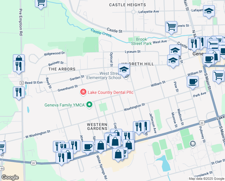 map of restaurants, bars, coffee shops, grocery stores, and more near 195 Nursery Avenue in Geneva