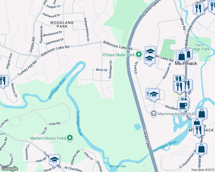 map of restaurants, bars, coffee shops, grocery stores, and more near 4 Fir Street in Merrimack
