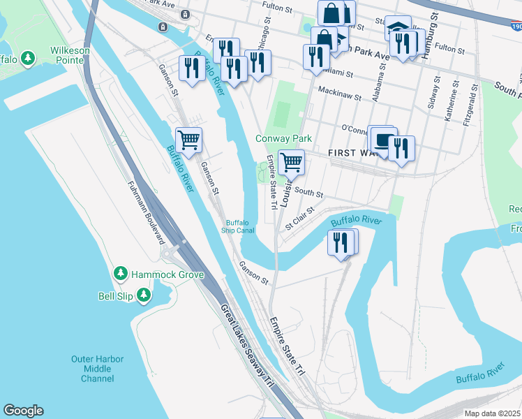 map of restaurants, bars, coffee shops, grocery stores, and more near 1 South Street in Buffalo