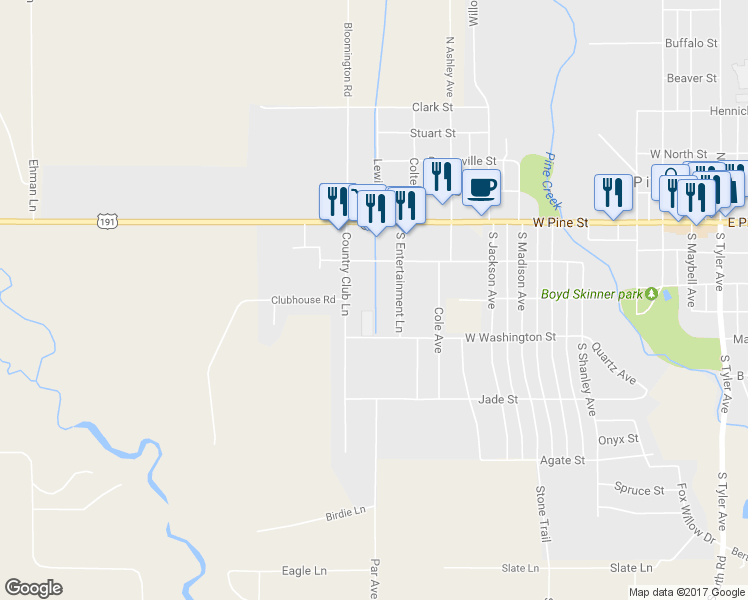 map of restaurants, bars, coffee shops, grocery stores, and more near 215 Country Club Lane in Pinedale
