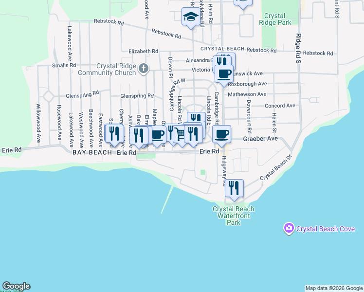 map of restaurants, bars, coffee shops, grocery stores, and more near 3950 Erie Road in Fort Erie