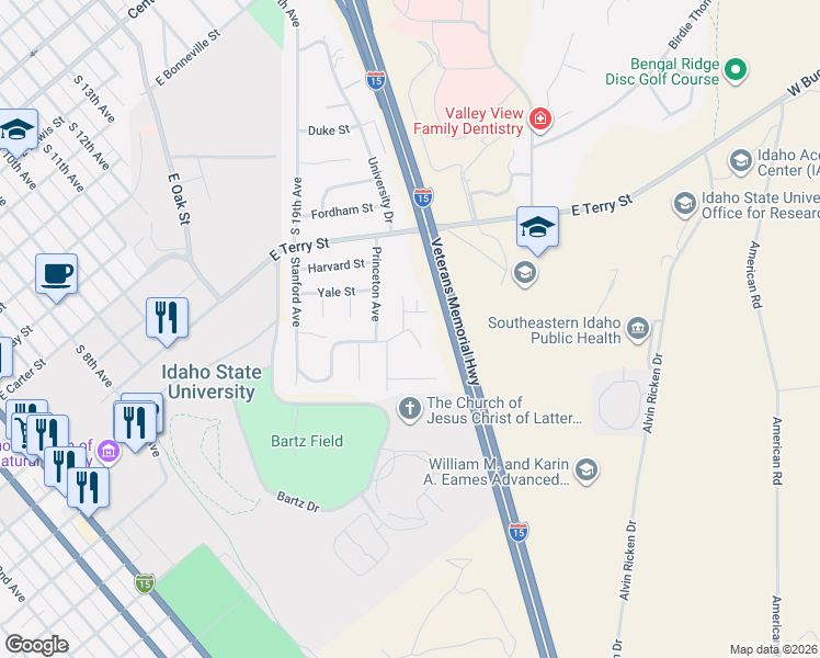 map of restaurants, bars, coffee shops, grocery stores, and more near 131 Drake Avenue in Pocatello
