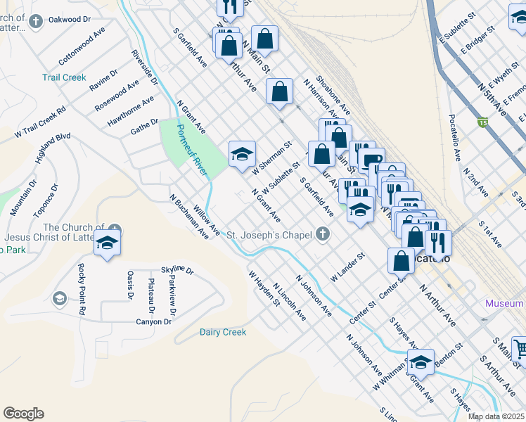 map of restaurants, bars, coffee shops, grocery stores, and more near 740 North Johnson Avenue in Pocatello