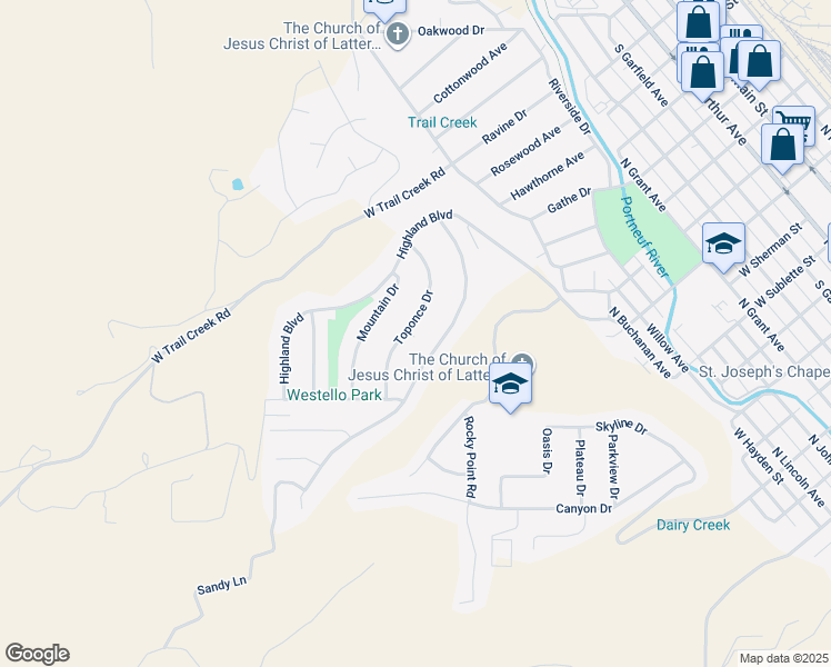 map of restaurants, bars, coffee shops, grocery stores, and more near 118 Toponce Drive in Pocatello