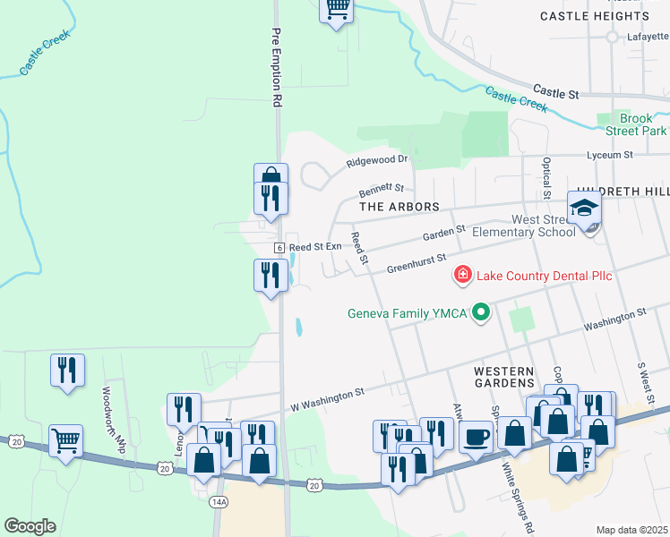 map of restaurants, bars, coffee shops, grocery stores, and more near 129 Sheridan Park in Geneva