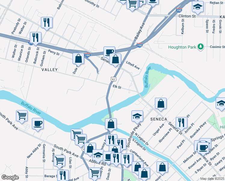 map of restaurants, bars, coffee shops, grocery stores, and more near 34 Melvin Place in Buffalo